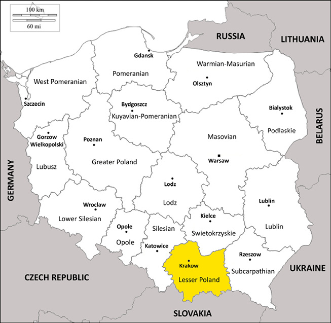 The map shows the location of Krakow on the map of Polish voivodeships.