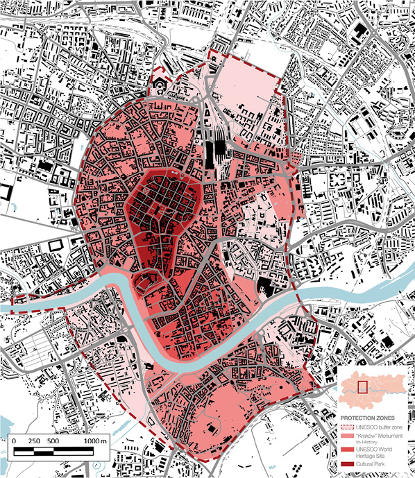 The map shows the boundaries of the central zone and buffer zone of the Historic Center of Krakow. Colors indicate the main protection zones in Krakow: the UNESCO World Heritage Site with its buffer zone; the Cultural Park; and the "Kraków" Monument to History. 