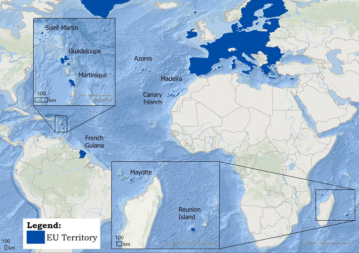 World map indicating the location of the nine outermost regions. 
Madeira, the Canary Islands, and the Azores are situated in the northern Atlantic. Madeira and the Canary Islands lie to the northwest of Africa, close to the continent’s coast, while the Azores are located further inland in the ocean, to the west of the Iberian Peninsula. Guadeloupe, Martinique, and Saint Martin are located in the Caribbean, to the north of Venezuela. Mayotte and Réunion Island are situated in the Indian Ocean: Mayotte to the northwest of Madagascar, near Africa, and Réunion to the east of the largest African island, thus at a greater distance from the continent.