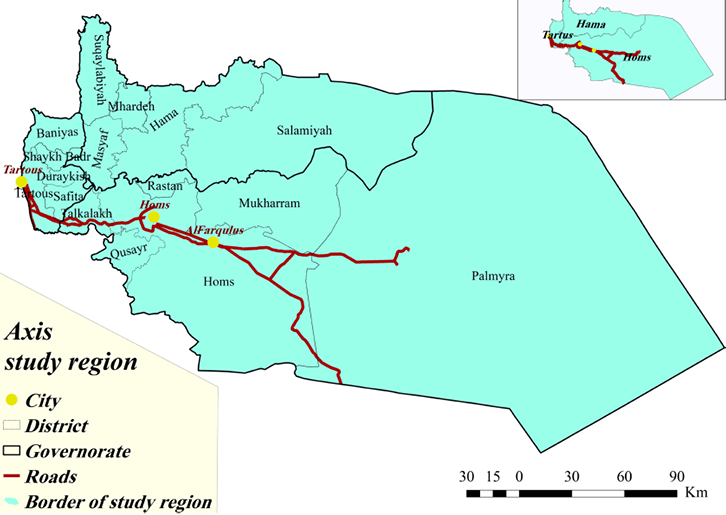 Map showing the study axis region including Hama, Homs, and Tartous governorates in Syria.