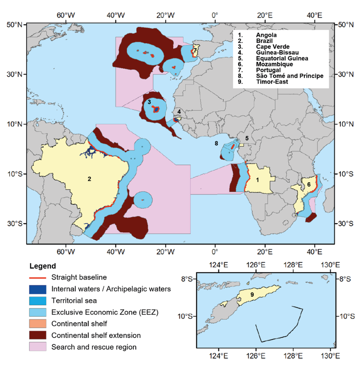 Map showing the Lusophone countries’ maritime boundaries and exclusive economic zones, highlighting CPLP members’ geographic distribution across the Atlantic, Indian and Pacific Oceans. 