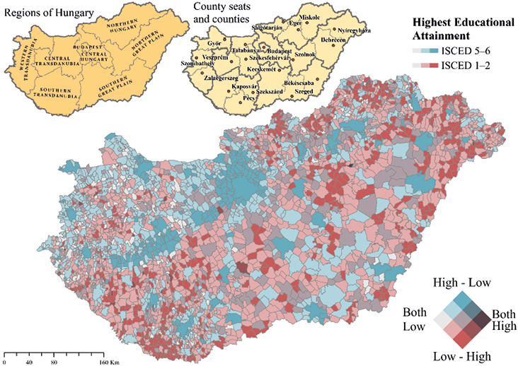Bivariate choropleth map of Hungary showing settlement-level shares of low (ISCED 1–2) and high (ISCED 5–6) educational attainment in 2022. Low attainment dominates peripheral regions; high attainment clusters around Budapest, county seats, and Lake Balaton areas.