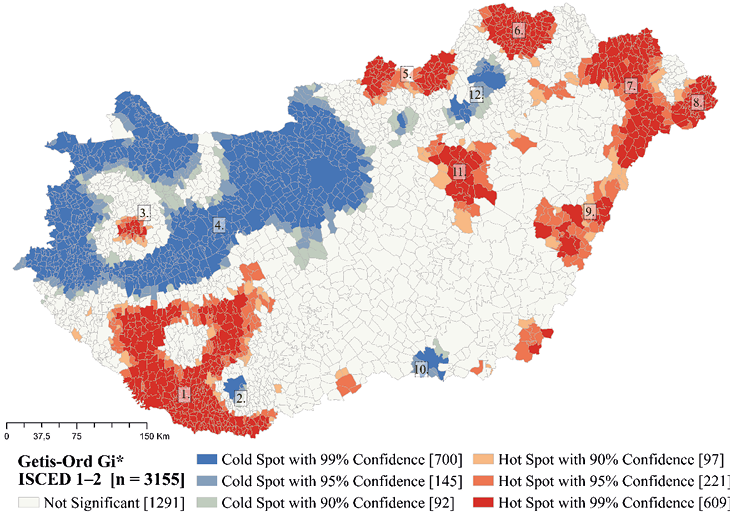 Hot Spot Analysis map of Hungary using Getis-Ord Gi* for ISCED 1–2 attainment. Red areas (hot spots) show clusters of low educational attainment in Southern Transdanubia and northeastern regions; blue areas (cold spots) in northwestern Hungary indicate higher educational levels.