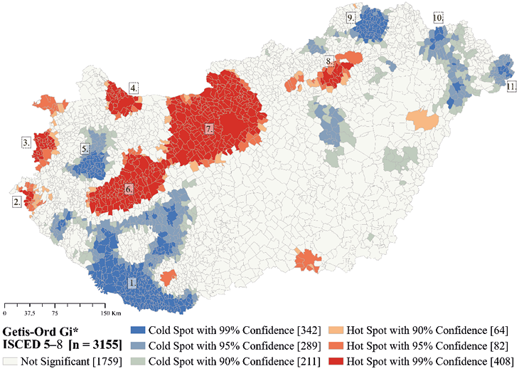 Hot Spot Analysis map of tertiary educational attainment (ISCED 5–8) across Hungary using Getis-Ord Gi*. Red clusters (hot spots) indicate high concentrations around Budapest, Debrecen, Szeged, Pécs, and Győr; blue clusters (cold spots) in peripheral and rural regions show low tertiary attainment.