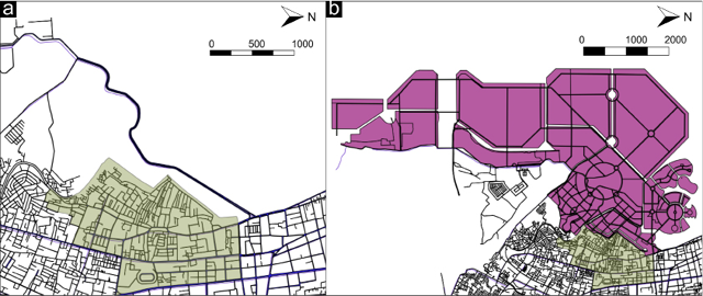 "Side-by-side map comparison of Makassar’s spatial plan: (a) 2023 layout shaded in light green, showing existing street network and land parcels along the shoreline; (b) projected 2034 plan shaded in purple, depicting an extended development footprint including new arterial roads, roundabouts, and urban blocks. The 2034 plan also includes additional reclaimed land on the western coast of Makassar."