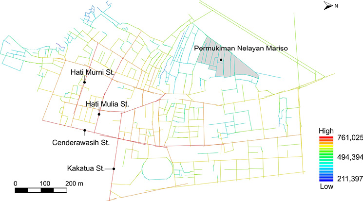 “Map of spatial integration values in Makassar for 2023, with an average integration value of 494,394 across 2,638 segments. High integration values are concentrated along Cenderawasih Street (756,622), Kakatua Street (682,802), Hati Mulia Street (735,192), and Hati Murni Street (703,872), which serve as primary axes of settlement development. In contrast, the Mariso Fishermen Settlement shows relatively low integration. Streets such as Cenderawasih, Haji Bau, and Metro Tanjung Bunga function as key connectors between surrounding residential areas.”