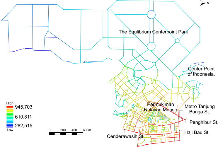 “Map of projected spatial integration values in Makassar for 2034. The average integration value is 610,811, with a total of 3,953 segments resulting from the inclusion of major developments such as the Equilibrium CenterPoint Park and the Center Point of Indonesia. Cenderawasih Street (756,622) and Kakatua Street (682,802) maintain high integration values. The integration levels of Metro Tanjung Bunga Street, Penghibur Street, and Haji Bau Street have significantly increased to 869,665, 927,448, and 845,669 respectively, reflecting improved spatial accessibility due to the expansion.”