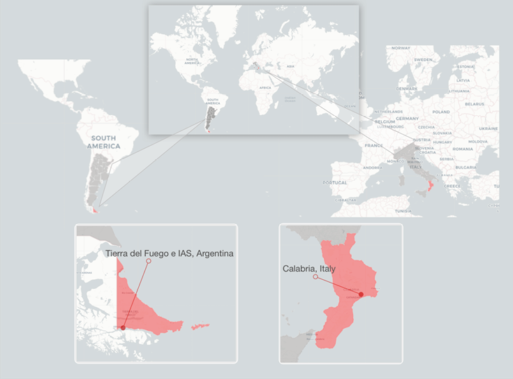 Map of the world highlighting Southern South America and Southern Europe. Insets show detailed maps of Argentina with Tierra del Fuego marked in red, and Italy with Calabria marked in red. This illustrates the geographical peripherality of both case study regions.