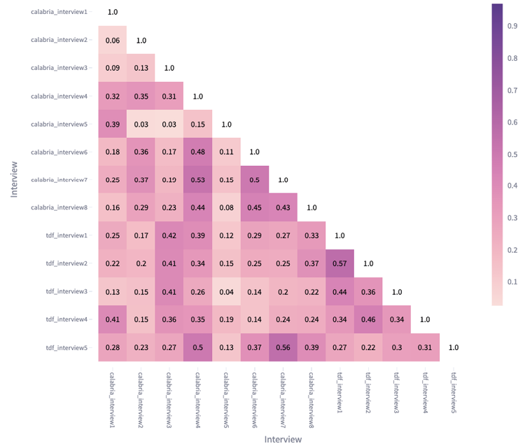 Heatmap matrix showing correlation coefficients between all pairs of interviews (10 Calabria, 5 Tierra del Fuego). Darker cells indicate higher positive correlation (e.g., Calabria Interview 4 and 7; TdF Interview 2 and 5). Illustrates thematic similarities and divergences.