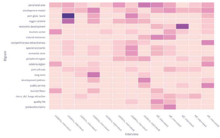 Heatmap showing the relevance of key bigrams (y-axis) for each individual interview (x-axis). Color intensity indicates the importance of a bigram in a specific interview. Confirms "Peripheral Area" and "Development Model" as central themes, with variations in other topics like "Tourism Sector" for TdF or "Port Gioia Tauro" for Calabria.
