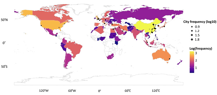 World map heatmap of city frequency on a logarithmic scale. Colours range from purple (low) to yellow (high). Black dots show specific cities, with dot size representing frequency, highlighting dense clusters in China, UK, and parts of Europe.