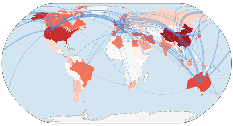 World map of global collaboration networks. Countries are shaded in red tones by collaboration intensity, with darker red indicating higher activity in the USA, China, and Australia. Blue curved lines represent major international collaboration links between these regions.
