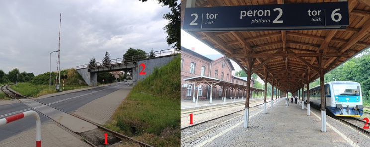 Fig. 3 illustrates the current settings of passenger railway transport in Głuchołazy. The Czech track is marked as (1), and the track leading to Nysa and Opole is marked as (2). 