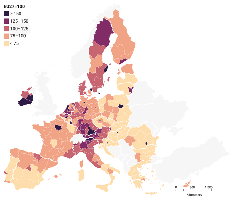 Regional inequalities in the EU27 (GDP per capita in PPP, NUTS2, 2022)

The map shows regional disparities in GDP per capita across NUTS2 regions of the EU27 for 2022, expressed in purchasing power parity (PPP) relative to the EU average of 100. Darker shades represent higher GDP levels, while lighter shades indicate lower ones. Regions with values ≥150 are concentrated in parts of Luxembourg, Ireland, southern Germany, and northern Europe, whereas values below 75 are mainly found in Eastern and Southern Europe. Intermediate categories (75–100, 100–125, 125–150) depict gradual economic differences across the continent. The map highlights significant regional inequality, with wealthier regions clustering in Western and Northern Europe and less developed areas in the East and South.