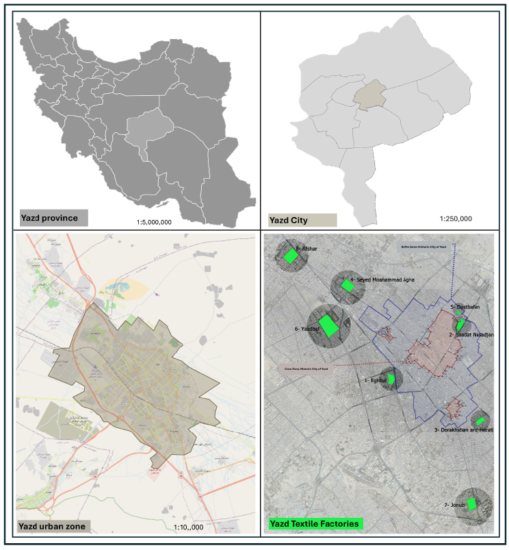Four-panel map locating Yazd study area: Yazd province in Iran, Yazd City within the province, Yazd urban zone, and locations of eight textile factories around the historic city and buffer zone.