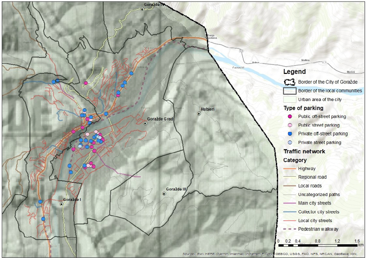 In the spatial distribution of parking lots in the City of Goražde, there are 23 differentiated public parking lots, 35 private parking lots, and 16 public off-street parking lots. This map shows clear spatial distribution across main city streets.