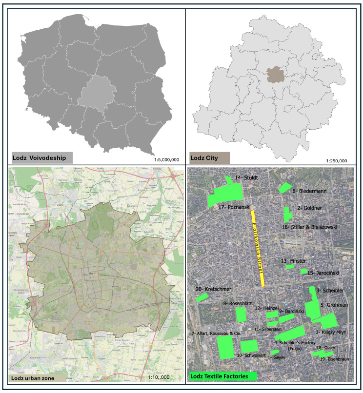 Four-panel map locating Łódź study area: Łódź Voivodeship in Poland, Łódź City within the region, Łódź urban zone, and locations of major textile factories concentrated across the central city.