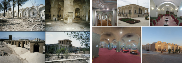 The textile factories on the left side represent their state of abandonment, while those on the right side illustrate the revitalization efforts undertaken in Yazd.