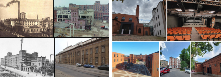 The textile factories on the left side represent their state of abandonment, while those on the right side illustrate the revitalization efforts undertaken in Łódź.