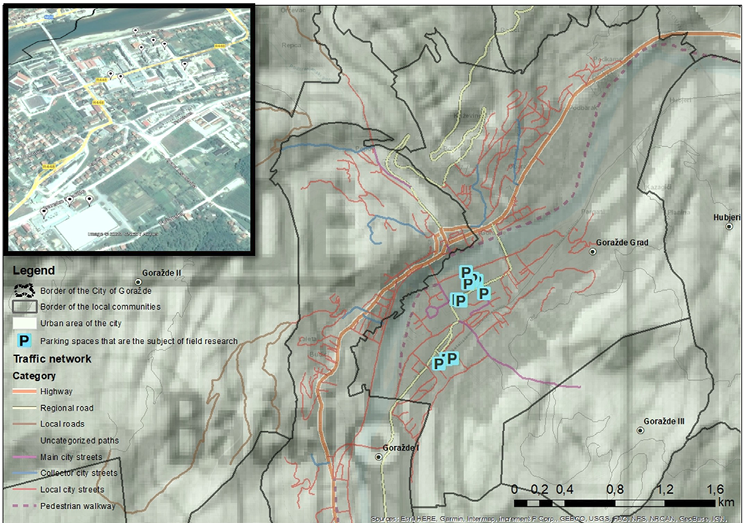 On this figure is shown the spatial distribution of selected parking lots for field research. The figure also shows the main roads in the City of Goražde.
