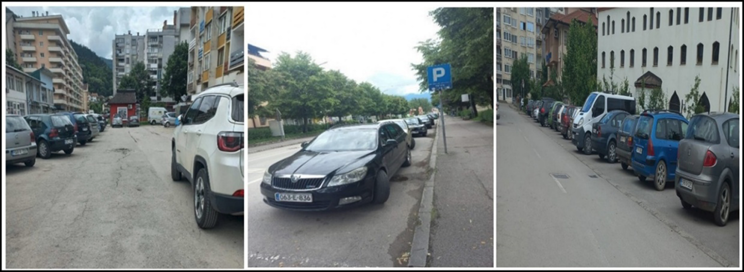 Public parking lots across one side of the street near residential zones and public institution buildings. Here parking time is not regulated.
