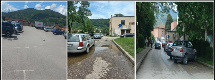 Photos show three types of parking lots: private with adequate traffic signs, public without adequate traffic signs, and public parking lots with clear traffic signs of prohibition of parking.