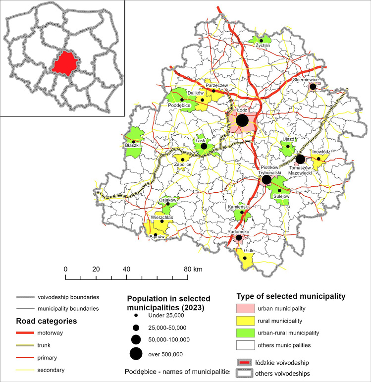 A map showing the location of selected communes in the transport and settlement network of the Łódzkie Voivodeship