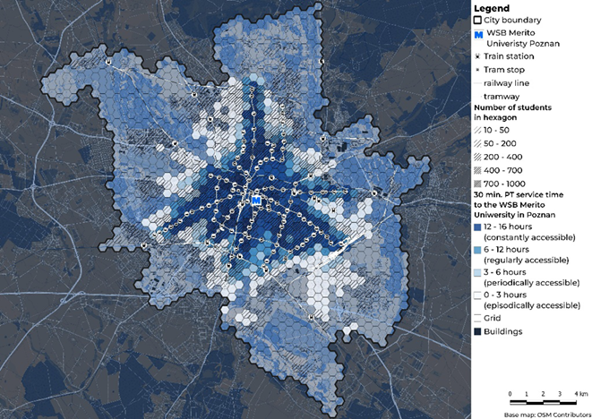 Hexagonal map of Poznań showing student counts and travel time to WSB Merito. Blue shades indicate transit accessibility levels. City boundaries, tram stops, and rail lines are marked to analyze university reach for residents.