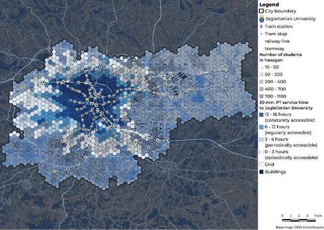 Hexagonal map of Kraków showing student distribution and transit travel time to Jagiellonian University. Blue shades represent student counts; symbols indicate city limits, rail/tram stops, and time-based accessibility zones.