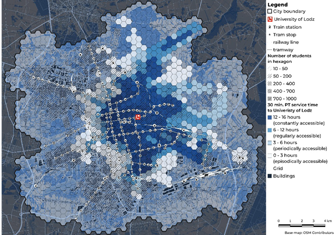 Hexagonal map of student counts and transit travel time to the University of Łódź. Blue shades indicate travel time intervals; symbols mark city boundaries, tram/rail stops, and the university location.