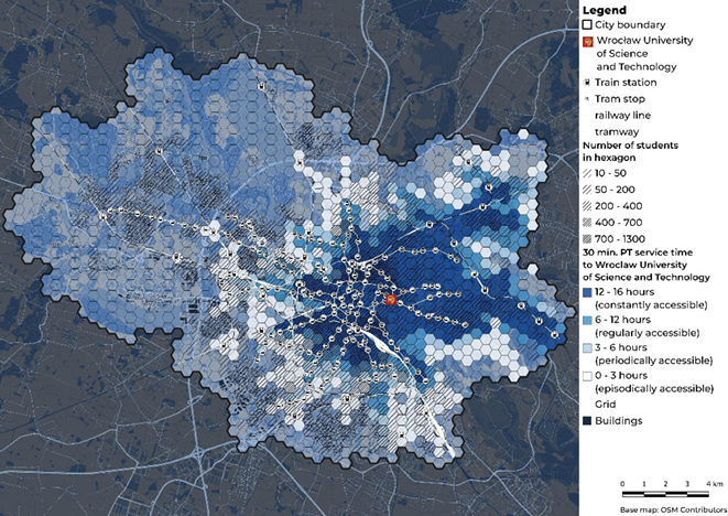 Hexagonal map of student distribution at WUST within a 30-minute transit travel time. Blue shades indicate accessibility levels; symbols show city boundaries, tram/rail stops, and the university campus.