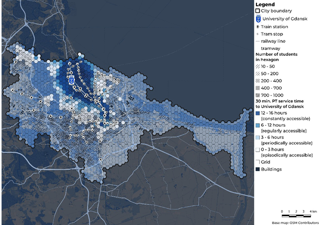 Hexagonal map of UG student distribution by count and transit accessibility. Blue shades represent student population intervals; symbols indicate city limits, rail/tram stations, and rail network connectivity.