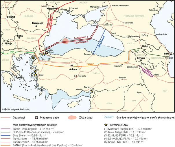 Mapa przedstawiająca sieć gazociągową i terminale na terenie Republiki Turcji.