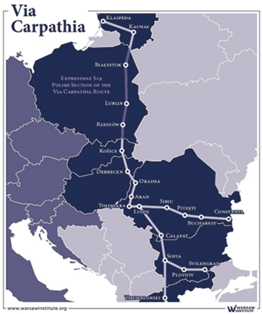 Mapa przedstawiająca przebieg trasy Via Carpatia.
