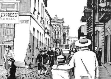 Na skrzyżowaniu ulic stoi odwrócony tyłem mężczyzna w kapeluszu, który obejmuje chłopca. W tle widać kamienice i spacerujących ludzi po kamiennym bruku. Na końcu ulicy jest bogato zdobiona synagoga. Rysunek jest czarno-biały.