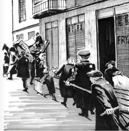 Na rysunku widać ludzi w różnym wieku idacych w szpalerze, którzy niosą lub ciągną na wózkach swój dobytek. Przechodzą obok zasłoniętych żaluzjami witryn.