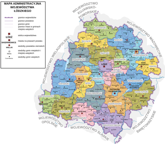 Kolorowa mapa województwa łódzkiego z legendą po lewej stronie.