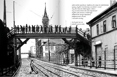 Czarno-biały rysunek pokazujący kładkę łączącą getto z miastem. Na kładce stoją i przechodzą czarne postacie. Pod kładką postać przechodzi przez tory.