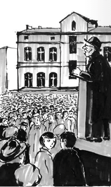 Po prawej stronie, na podwyższonej mównicy, stoi mężczyzna w czarnym kapeluszu i płaszczu. Przemawia do tłumu zgromadzonego przed nim. Rysunek jest czarno-biały.