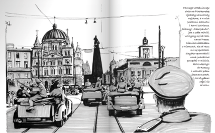 Rysunek czarno-biały. Plac Wolności w Łodzi z czasów okupacji. Samochody z żołnierzami niemieckimi. Najciemniejszym elementem jest pomnik Tadeusza Kościuszki.