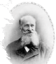 Czarno-białe zdjęcie starszego mężczyzny z siwą brodą i wąsami. Fotografia umieszczona w ozdobnej, owalnej ramce.