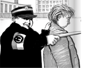 Czarno-biały rysunek jest lustrzanym odbiciem czarno-białego zdjęcia. Chłopiec z prawej strony ma spuszczoną głowę, stoi bokiem do rysującego, a tyłem do chłopca w czarnym mundurze z pałką w ręce. Chłopiec w czarnym mundurze patrzy z uśmiechem w kierunku osoby rysującej.