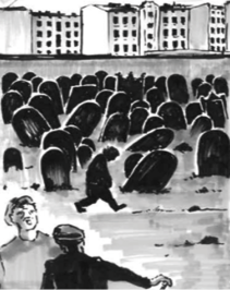 Czarno-biały rysunek. W tle, za murem widać kamienice. Na pierwszym planie, z lewej strony stoją dwie postacie męskie, jedna tyłem. Za nimi widać czarną pochyloną postać mężczyzny idącego w prawą stronę wzdłuż czarnych nagrobków, którch jest bardzo dużo.