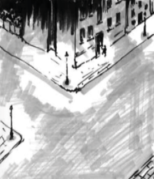 Czarno-biały rysunek przedstawia skrzyżowanie 3 ulic z lotu ptaka. Czarna postać wchodzi do kamienicy.