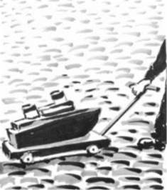Czarno-biały rysunek. Tło stanowi kamienny bruk. Na nim widać dziecięcą zabawkę. Statek leży na małej taczce. Po prawej stronie widać dziecięcą dłoń trzymającą uchwyt taczki.