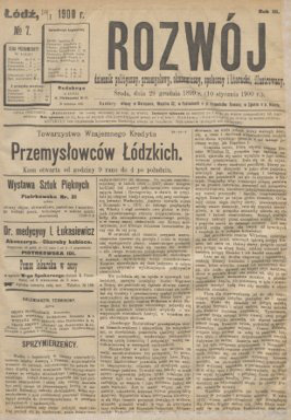 Strona tytułowa gazety „Rozwój” z 1887 roku. Temat główny brzmi: Towarzystwo Wzajemnego Kredytu Przemysłowców Łódzkich.