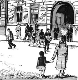 Czarno-biały rysunek. W tle widać fragment kamienicy i bramę. Na pierwszym planie dziewczynka trzyma za rękę chłopca, stoją  tyłem do czytelnika, a przodem do kamienicy. Na drugim planie widać gazeciarzy  i przechodniów. Wszyscy poruszają sie po kamiennym bruku.