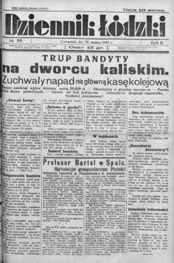 Strona tytułowa polskiej gazety Dziennik Łódzki z 1902 r. Tematem głównym był napad na Dworcu Kaliskim na kasę kolejową.