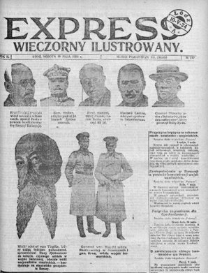 Strona tytułowa polskiej gazety Express Wieczorny Ilustrowany z 1881 r. W górnej części znajduje się pięć rozmytych portretów osób. Poniżej widać ilustrację brodatego mężczyzny oraz dwóch żołnierzy stojących obok siebie. Po prawej stronie i na dole strony znajdują się kolumny tekstu.