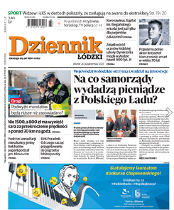 Strona tytułowa „Dziennika Łódzkiego”  2021 roku. Układ typowy dla współczesnej e-prasy regionalnej: duży nagłówek, kolorowe zdjęcia, kilka artykułów z widocznymi tytułami i śródtytułami. W centralnej części znajduje się zdjęcie, a wokół rozmieszczone są teksty i reklamy.